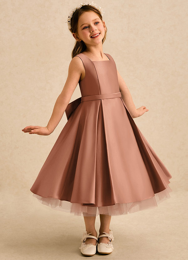Azazie Josie Flower Girl Dresses Bronzer A-Line Pleated Matte Satin Dress image1