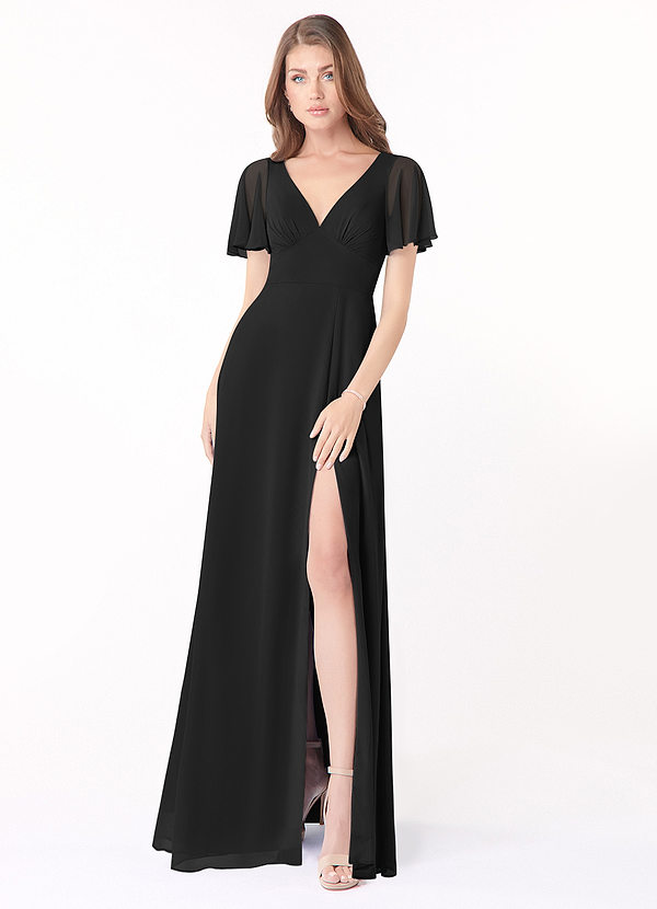 Azazie Kimber Bridesmaid Dresses Black A-Line Flounce Sleeve Chiffon Dress image1