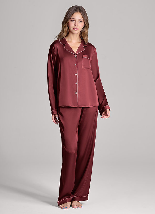 front Wine Red Long Sleeves and Pants Satin PJ Set
