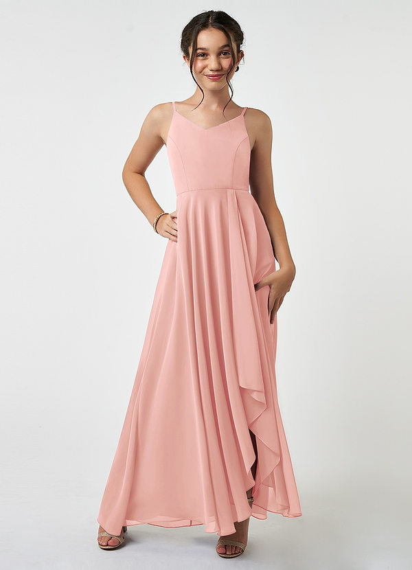 Azazie Collette Junior A-Linie Gestreift Chiffon Kleid Rosettenrosa image1