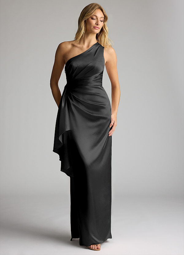 Azazie Saira Bridesmaid Dresses Black Sheath One Shoulder Metallic Satin Dress image1