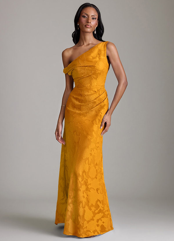 Azazie Emerson Abiti da Damigella Abito Sirena in Burnout Floreale a Spalla Scoperta Caramello image1