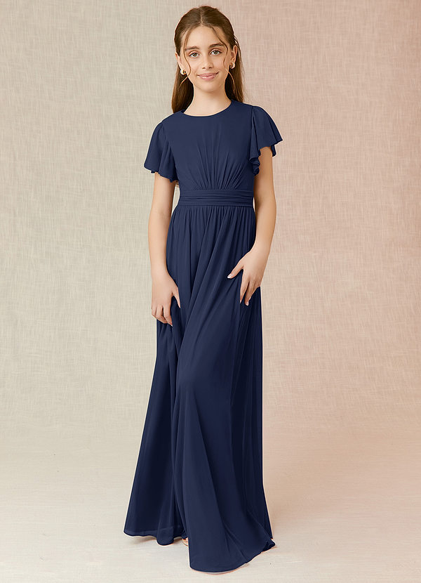 Azazie Mosley Junior Dark Navy A-Line Ruched Mesh Dress image1