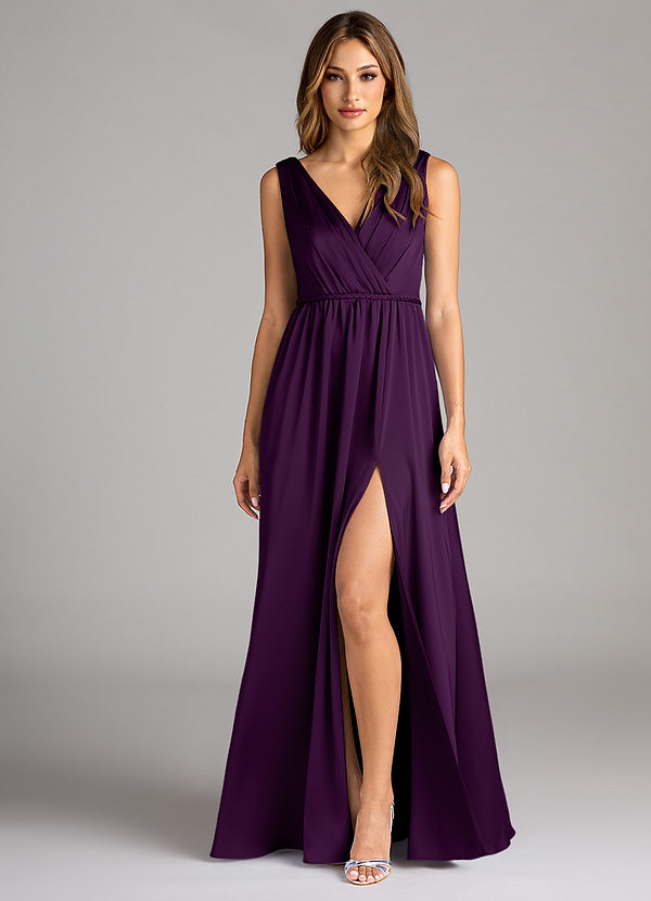 Azazie Tanicia Brautjungfernkleider A-Linie Plissee Stretch-Satin Kleid Traube image1