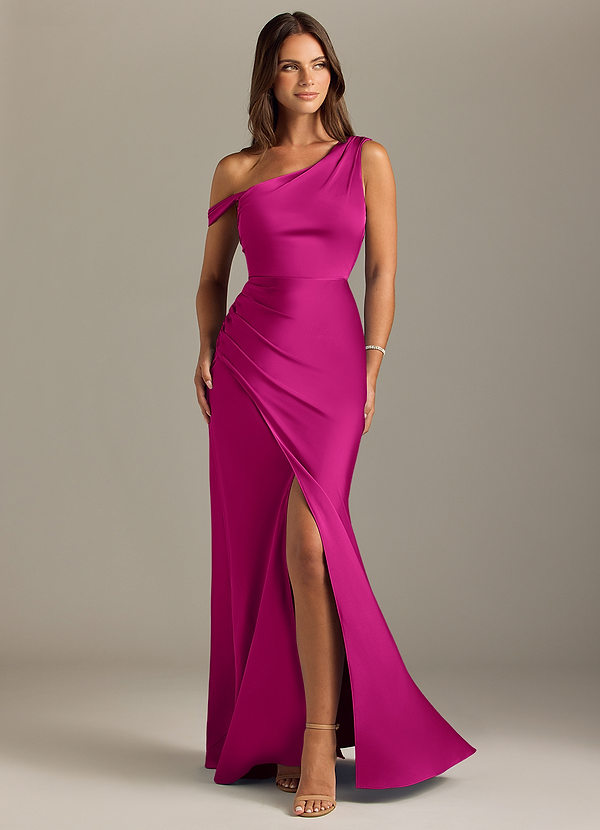 Azazie Madelyn Bridesmaid Dresses Fuchsia Mermaid Off the Shoulder Stretch Satin Convertible Dress image1