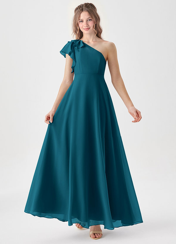 Azazie Arabella Junior Abito A-Line in Chiffon Increspato Blu Inchiostro image1