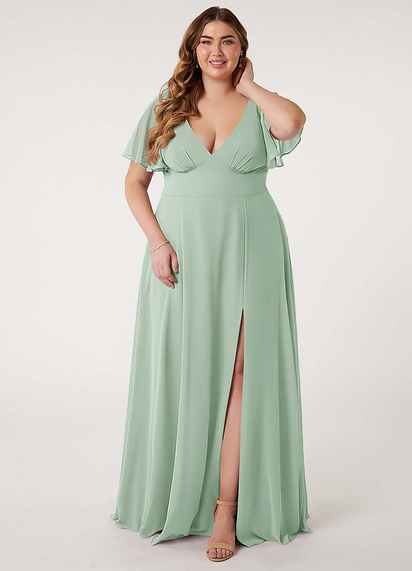 Azazie Kimber Bridesmaid Dresses Agave A-Line Flounce Sleeve Chiffon Dress image1
