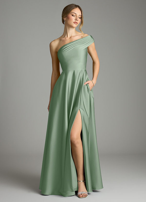 Azazie Melanie Suknie dla druhen Linia A Zza ramienia Satyna elastyczna Do ziemi Sukienka image1