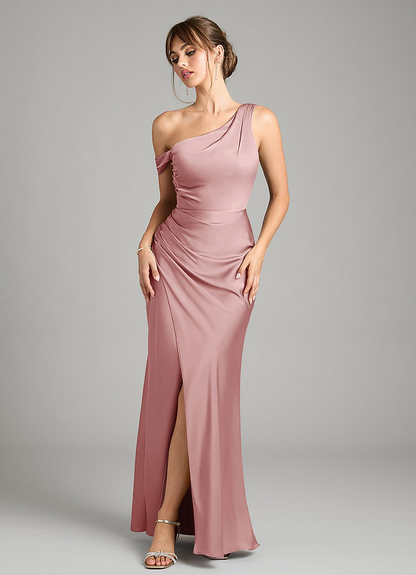 Azazie Madelyn Bridesmaid Dresses Dusty Rose Mermaid One Shoulder Stretch Satin Convertible Dress image1