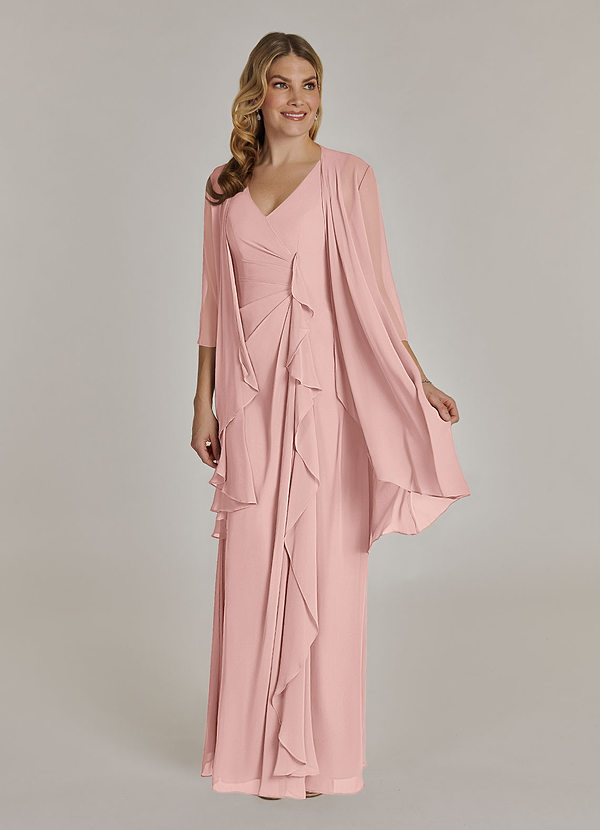 Azazie Manuella Robe Mère de la Mariée & du Marié Robe Trapèze en Mousseline de soie Col V plissé Rose Poudré image1