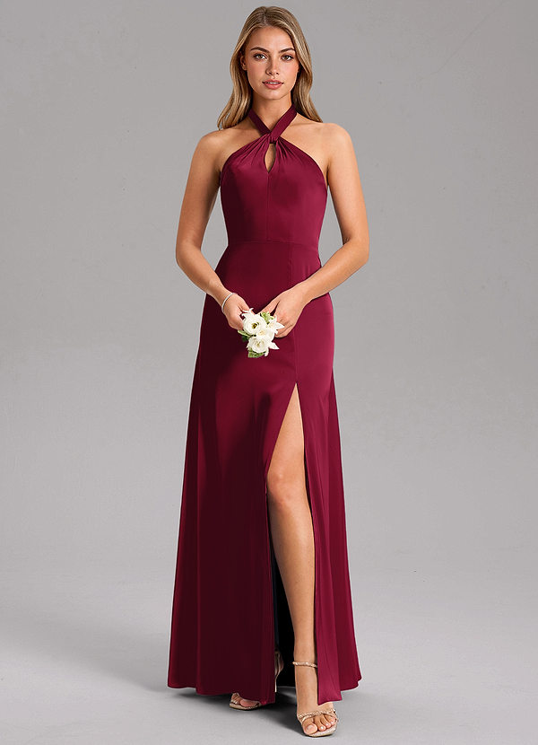 Azazie Tracie Bridesmaid Dresses Burgundy A-Line Side Slit Stretch Satin Dress image1
