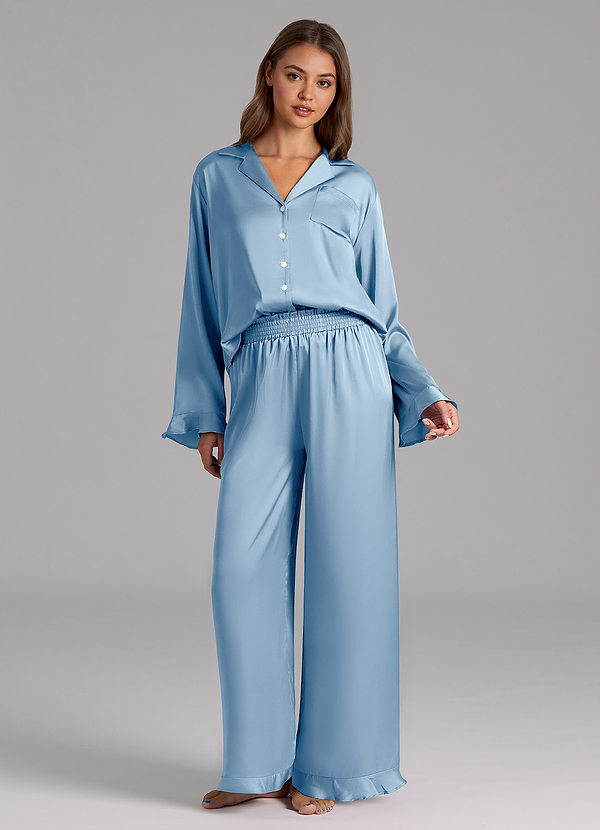 front Azul Arejado Conjunto de pijama de cetim com babados e mangas compridas