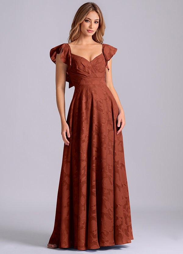 Azazie Leilani 신부 들러리 드레스 A라인 스윗하트 네크라인 플로럴 번아웃 바닥 길이 드레스 image1