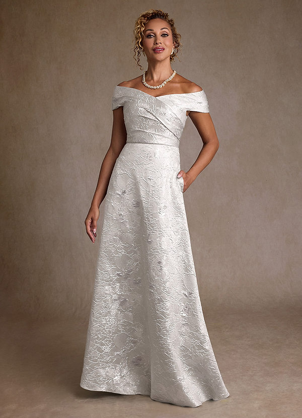 Azazie Lacey Mother of the Brides Dresses Silver Jacquard A-Line Off the Shoulder Floral Jacquard Dress image1