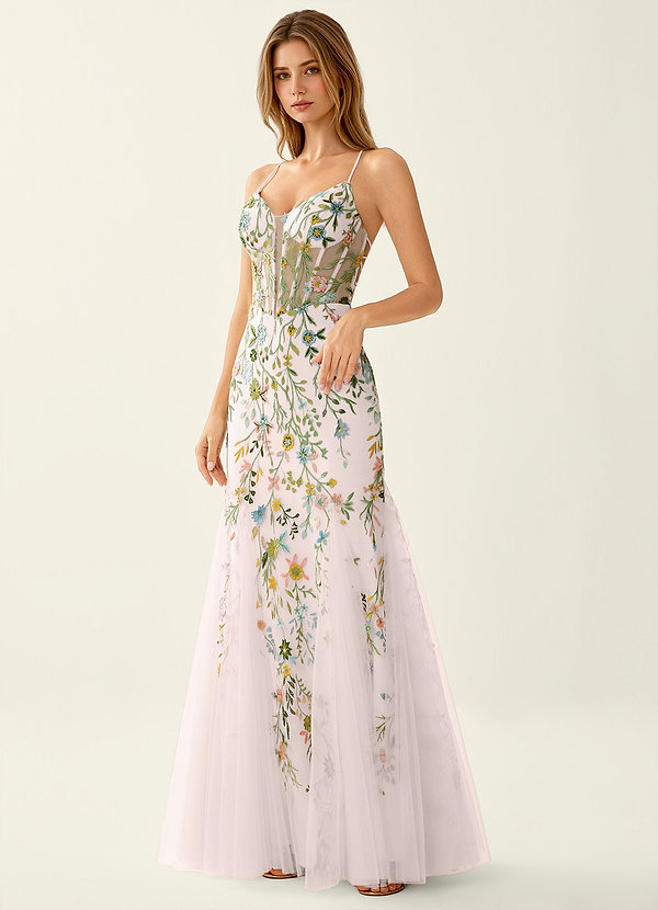 Linnea Errötendes Rosa Meerjungfrauen-Abendkleid aus Spitze mit V-Ausschnitt image1