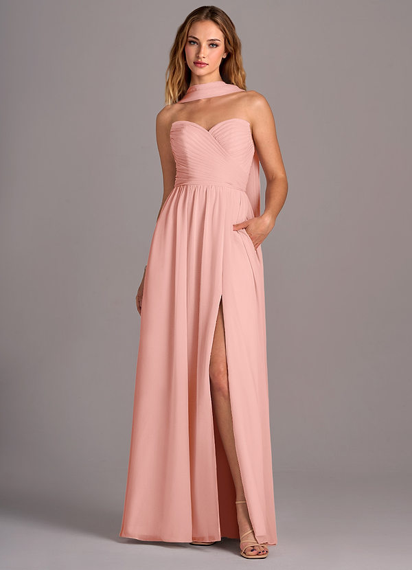 Azazie Joni Robes Demoiselle d'honneur Robe Trapèze Convertible en Mousseline de soie Sans bretelle Rosette image1