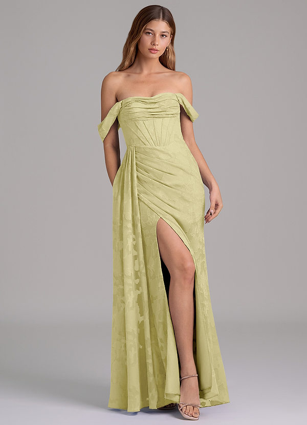 Azazie Amyra Bridesmaid Dresses Lemon Sorbet Mermaid Off the Shoulder Floral Burnout Convertible Dress image1