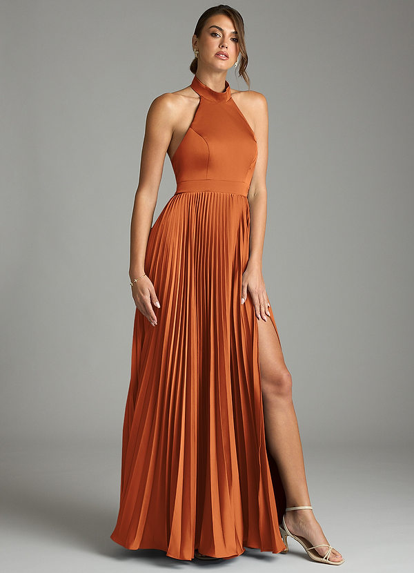 Azazie Zienna 신부 들러리 드레스 A라인 주름진 스트레치 새틴 바닥 길이 드레스 image1