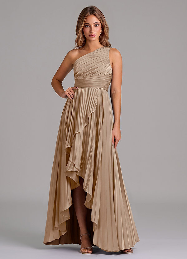 Azazie Lyrica Bridesmaid Dresses Taupe A-Line One Shoulder Stretch Satin Dress image1
