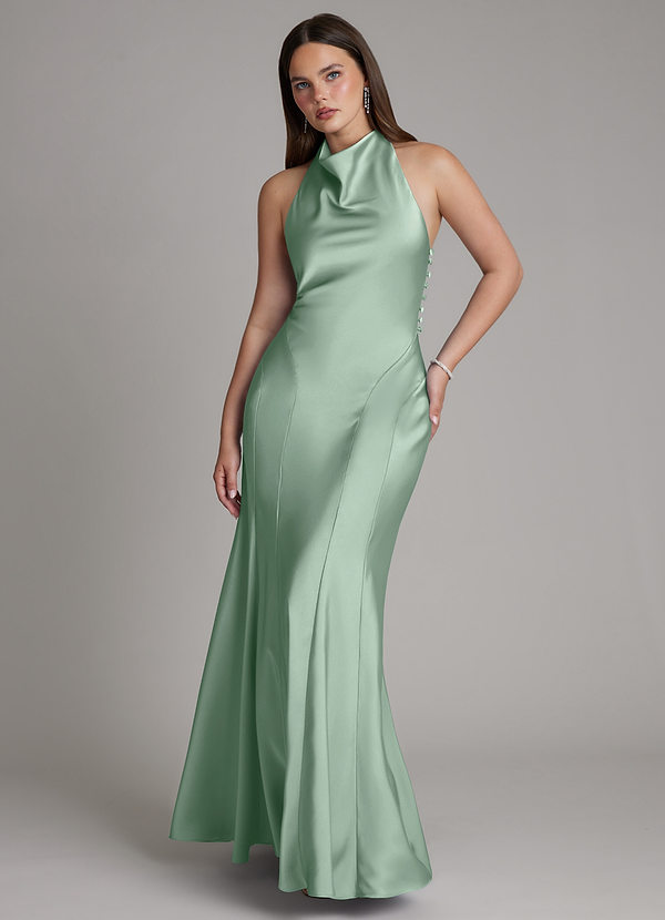 Azazie Sahara Brudtärneklänningar Klä av A-Linje i Stretch Satin Plisserad Agave image1