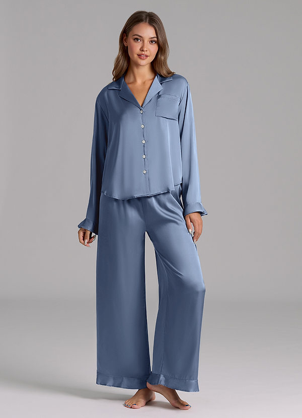 front Matching Color Ruffled Satin Long Sleeve Pajama Set