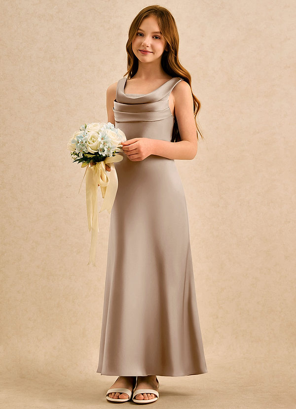 Azazie Raspberry Girls Formal Flower Girl Dresses Taupe A-Line Pleated Stretch Satin Dress image1