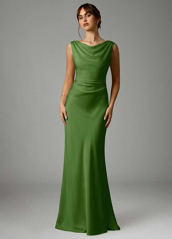 Azazie Kieryn Bridesmaid Dresses Basil Mermaid Pleated Stretch Satin Dress image1