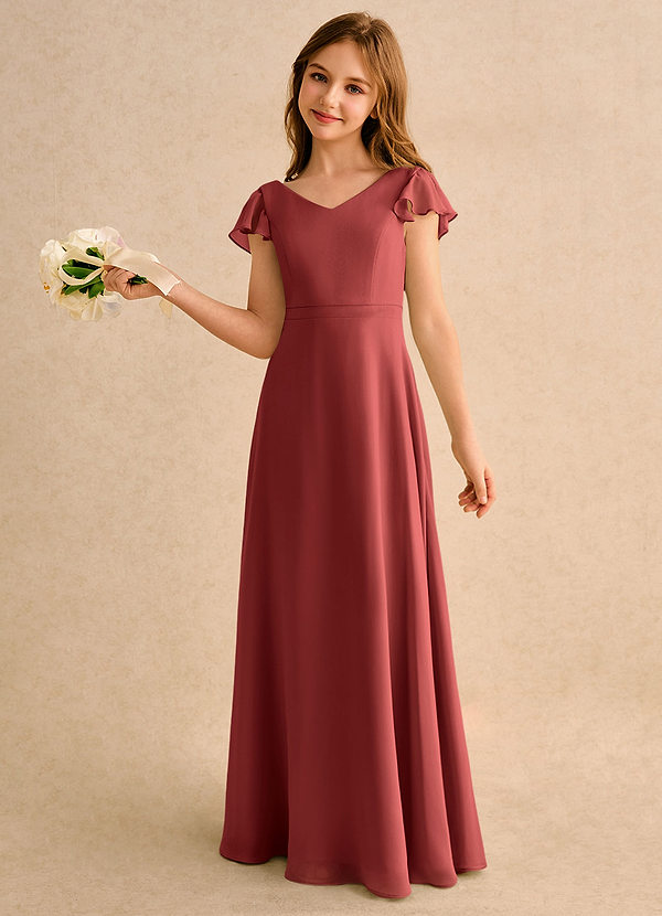 Azazie Nari Girls Formal Flower Girl Dresses Terracotta A-Line with Sleeves Chiffon Dress image1