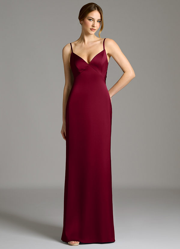 Azazie Adriane 신부 들러리 드레스 쉬스 절하다 스트레치 새틴 바닥 길이 드레스 image1