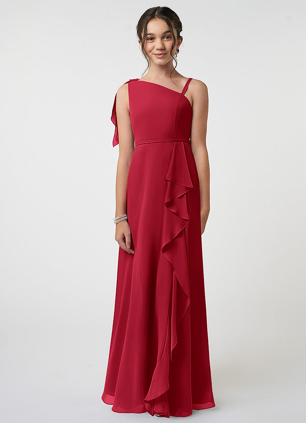 Azazie Aidy Junior Scarlet A-Line Bow Chiffon Dress image1