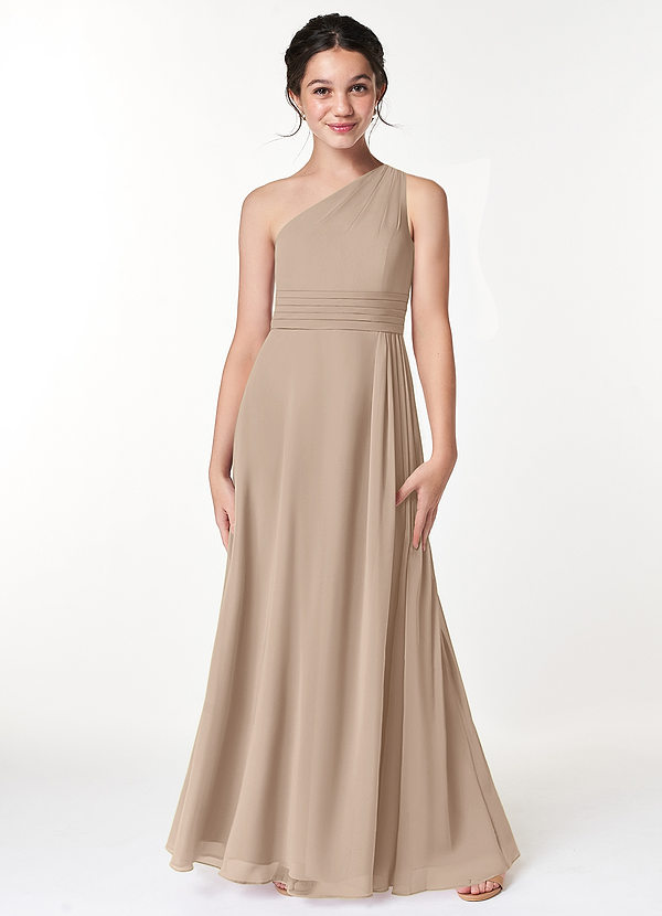 Azazie Cleo Junior Taupe A-Line Pleated Chiffon Dress image1