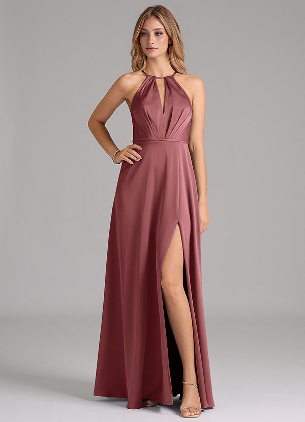 Azazie Evalleen Robes Demoiselle d'honneur Robe Trapèze en Satin extensible Plissée Améthyste image1