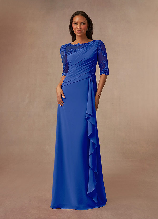 Azazie Dionysus Mother of the Brides Dresses Royal Blue A-Line Boatneck Lace Chiffon Dress image1