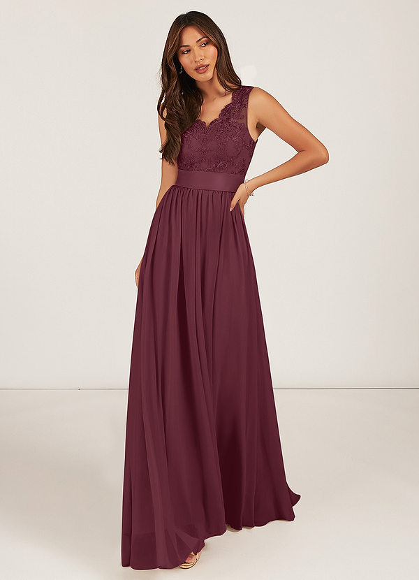 Azazie Gertrude Bridesmaid Dresses Cabernet A-Line Lace Chiffon Dress image1