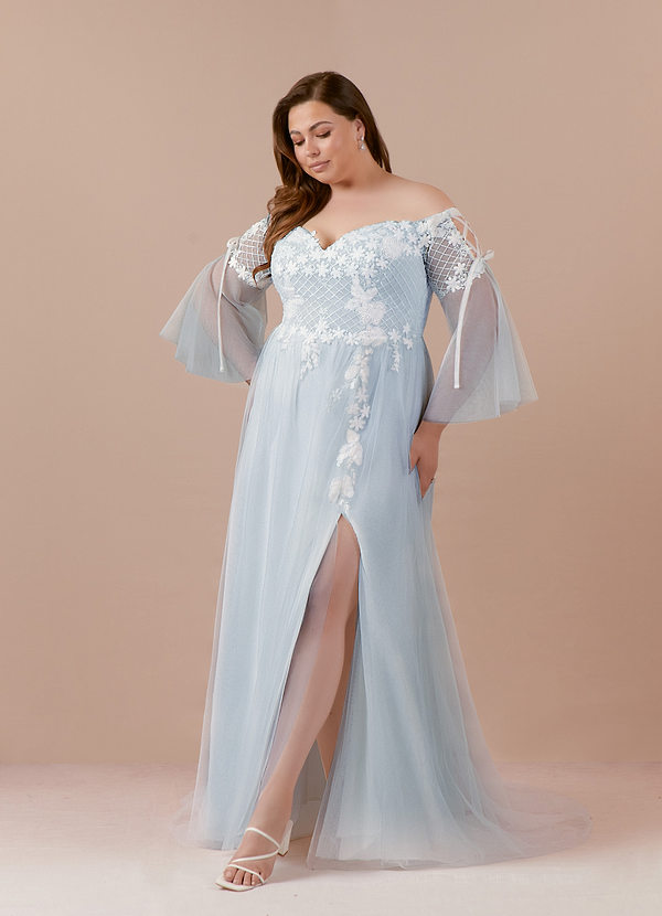 Azazie Stevie Wedding Dresses A-Line Lace Tulle Chapel Train Dress image1