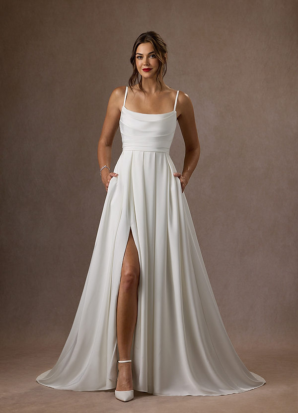 Azazie Caymus Brautkleider A-Linie Schaufel Gefaltet Satin mit Krepprücken Kleid Diamantweiß image1