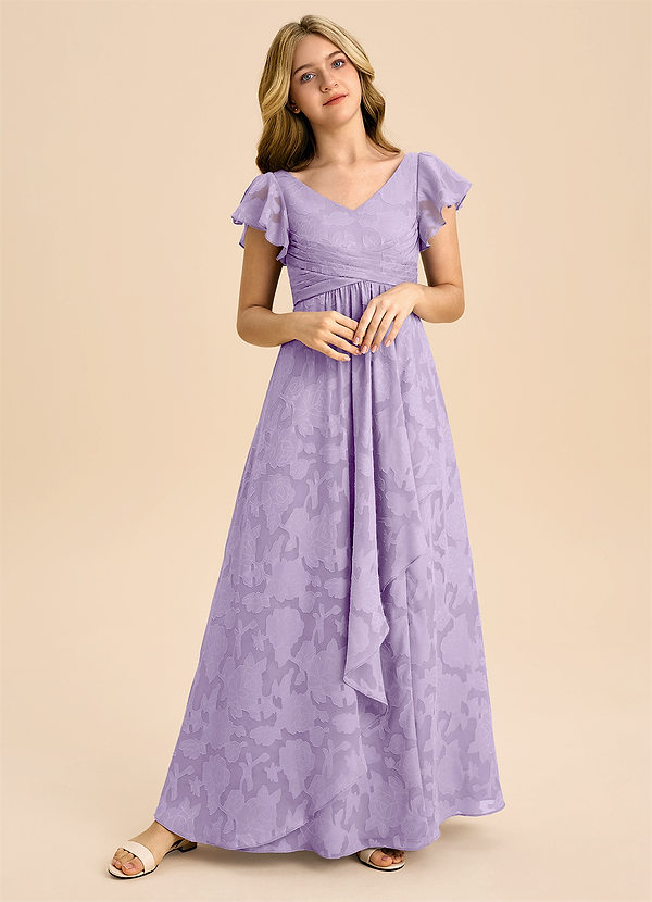 Azazie Omari Junior Abito A-Line in Burnout Floreale Plissettato Lilla image1