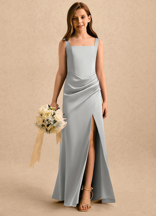 Azazie Noah Girls Formal Blumenkinder Kleider Etui Plissee Stretch-Satin Kleid Silber image1