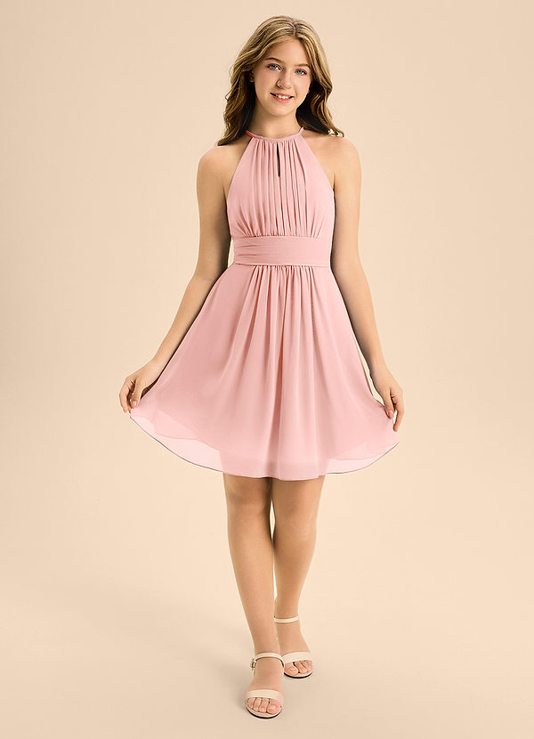 Azazie Bonnie Junior A-Linie Plissee Chiffon Kleid Rosettenrosa image1
