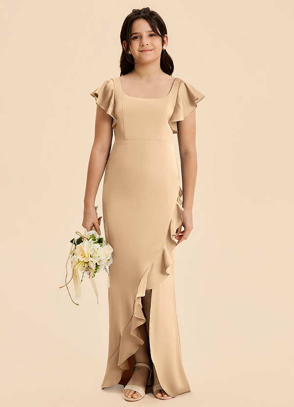 Azazie Demi Junior Champagne Mermaid Bow Stretch Satin Dress image1