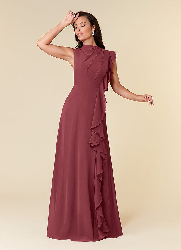 Azazie Narine Mother of the Brides Dresses Merlot A-Line High Neckline Pleated Chiffon Dress image1