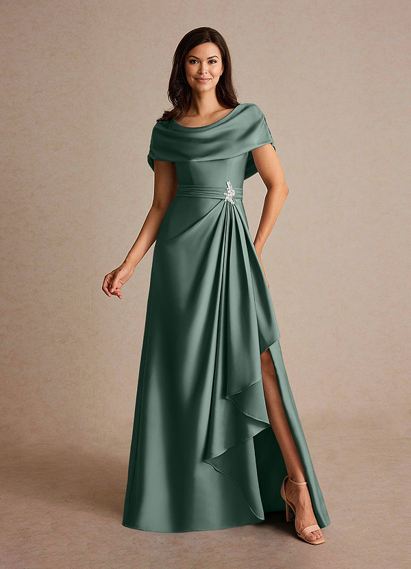 Azazie Branford Vestidos de Madre de la Novia Vestido de Musgo Marino de Satén Elástico de Corte En A con Plisado image1