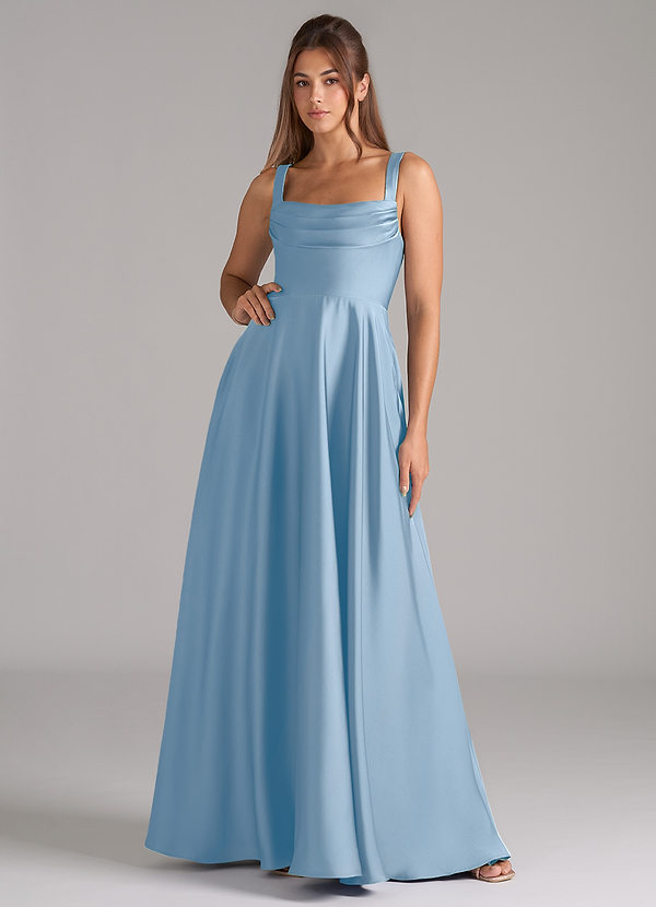 Azazie Shaude Robes Demoiselle d'honneur Robe Trapèze en Satin extensible Plissée Poudre Bleue image1