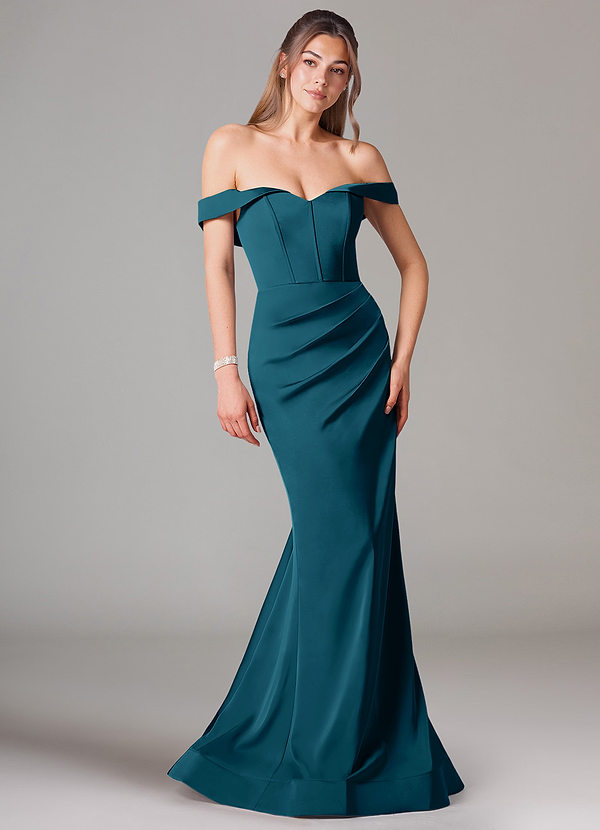 Azazie Everly Abiti da Damigella Abito Convertibile Sirena in Raso Elasticizzato a Spalla Scoperta Blu Inchiostro image1