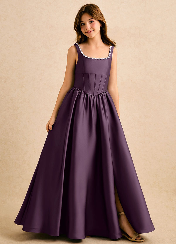 Azazie Enid Girls Formal Sukienki dla dziewczynek sypiących kwiaty Linia A Zroszony Satyna elastyczna Długość podłogi Sukienka image1