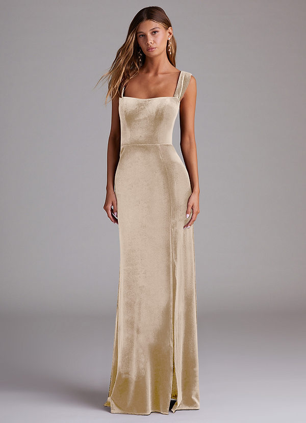 Azazie Junia Bridesmaid Dresses Champagne Sheath Off the Shoulder Velvet Convertible Dress image1