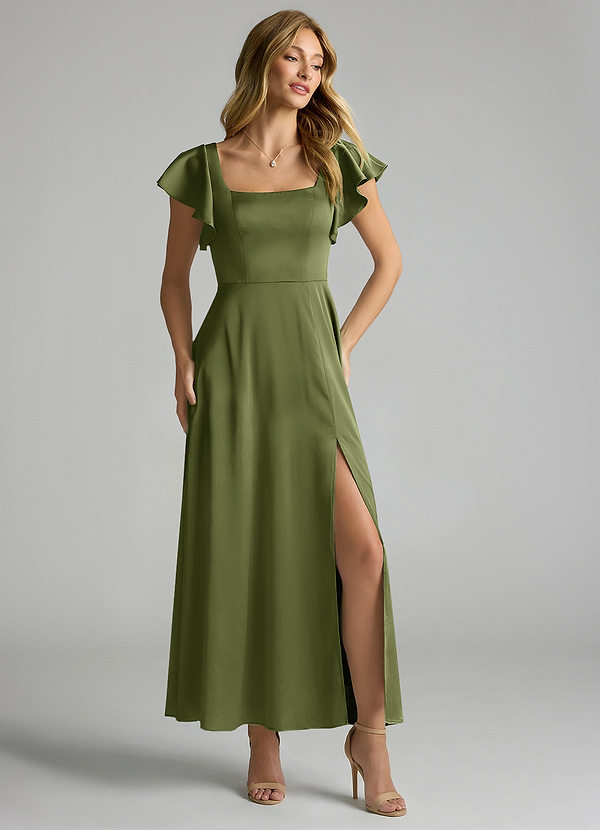 Azazie Bondi 신부 들러리 드레스 A라인 셔링 스트레치 새틴 발목 길이 드레스 image1