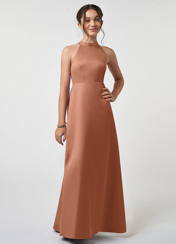 Azazie Laurel A-Line Matte Satin Floor-Length Junior Bridesmaid Dress image1
