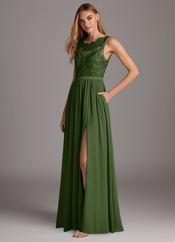 Azazie Elly Bridesmaid Dresses Olive A-Line Lace Scoop Neck Chiffon Dress image1