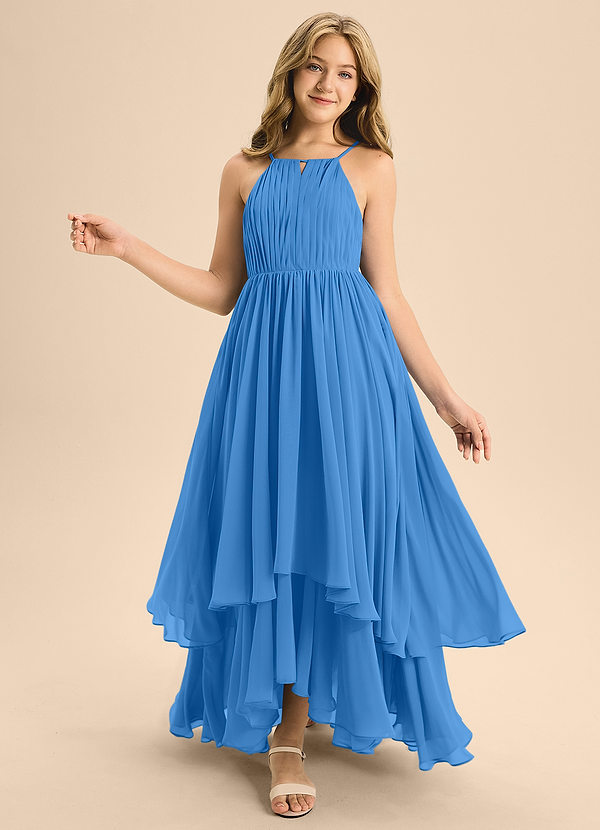Azazie Elliora Junior Abito A-Line in Chiffon Plissettato Blue Jay image1